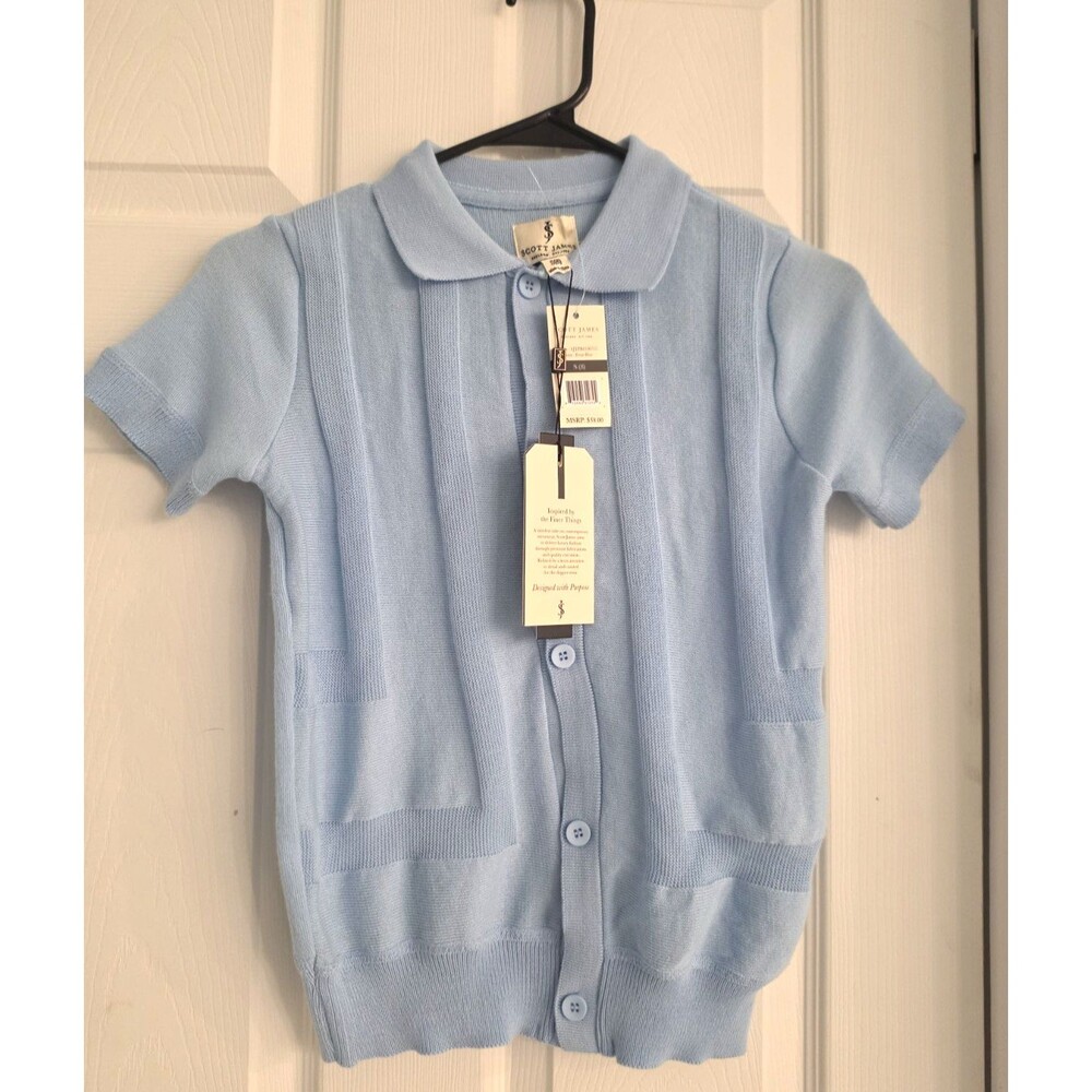 NWT Scott James Boys Knit Button-Down Polo Shirt Frost Blue Size S (8)